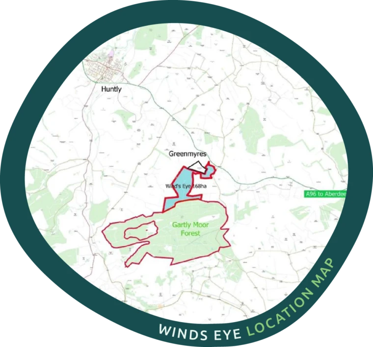 Wind’s Eye location map beside Greenmyres and Gartly Moor Forest